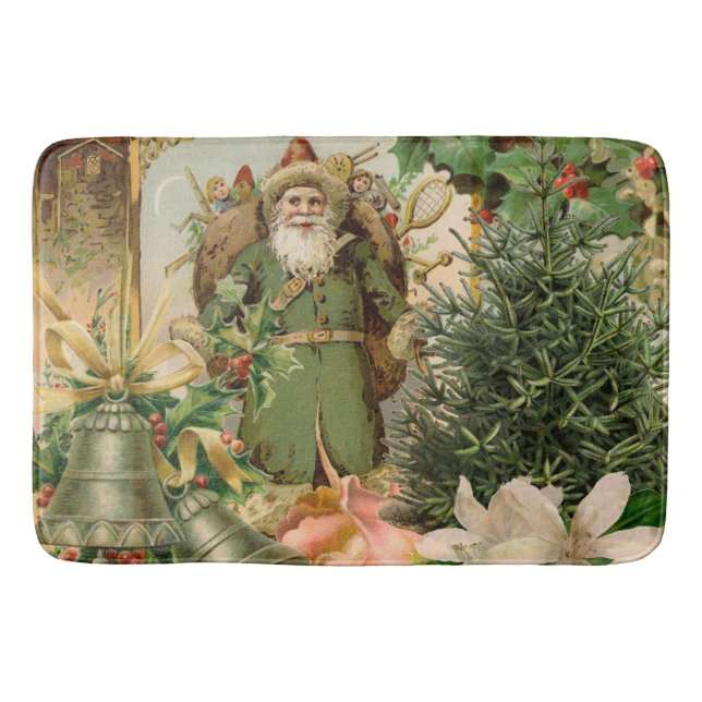 Old World Green Santa Christmas Collage Antique  Bath Mat (Front)