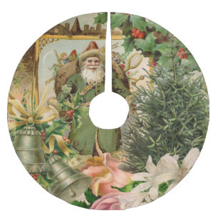 Old World Green Santa Christmas Collage Antique  Brushed Polyester Tree Skirt