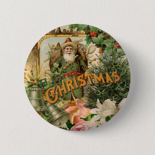 Old World Green Santa Christmas Collage Antique  Button (Front)