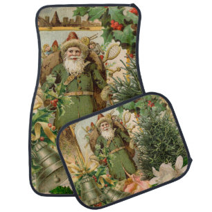 Old World Green Santa Christmas Collage Antique  Car Floor Mat