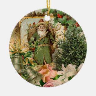 Old World Green Santa Christmas Collage Antique Ceramic Ornament