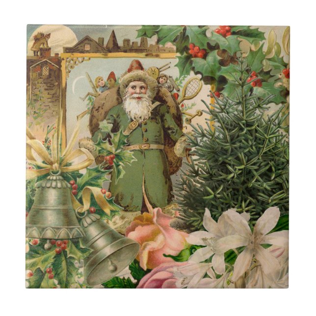 Old World Green Santa Christmas Collage Antique  Ceramic Tile (Front)