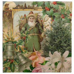 Old World Green Santa Christmas Collage Antique  Cloth Napkin