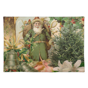 Old World Green Santa Christmas Collage Antique  Cloth Placemat