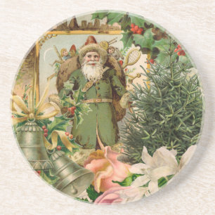 Old World Green Santa Christmas Collage Antique  Coaster