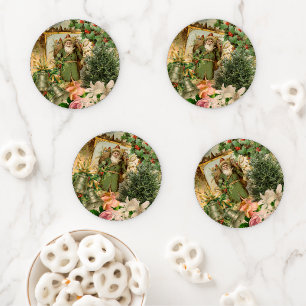 Old World Green Santa Christmas Collage Antique  Coaster Set