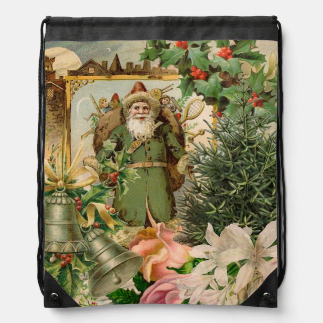 Old World Green Santa Christmas Collage Antique  Drawstring Bag (Front)