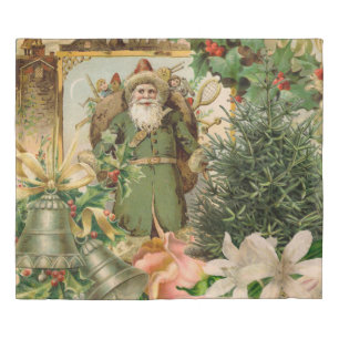 Old World Green Santa Christmas Collage Antique  Duvet Cover