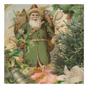 Old World Green Santa Christmas Collage Antique  Faux Canvas Print