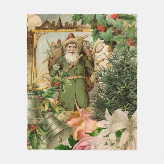 Old World Green Santa Christmas Collage Antique  Fleece Blanket (Front)