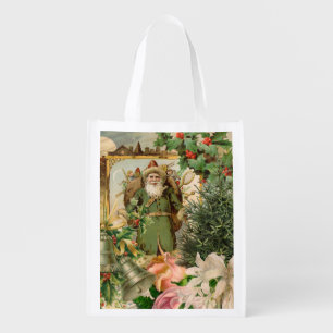 Old World Green Santa Christmas Collage Antique  Grocery Bag