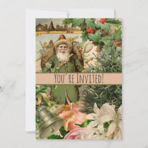 Old World Green Santa Christmas Collage Antique Invitation