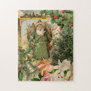 Old World Green Santa Christmas Collage Antique  Jigsaw Puzzle