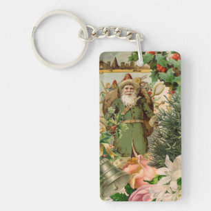 Old World Green Santa Christmas Collage Antique  Keychain