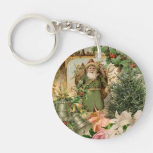 Old World Green Santa Christmas Collage Antique  Keychain