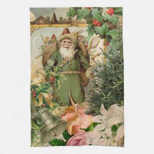 Old World Green Santa Christmas Collage Antique  Kitchen Towel