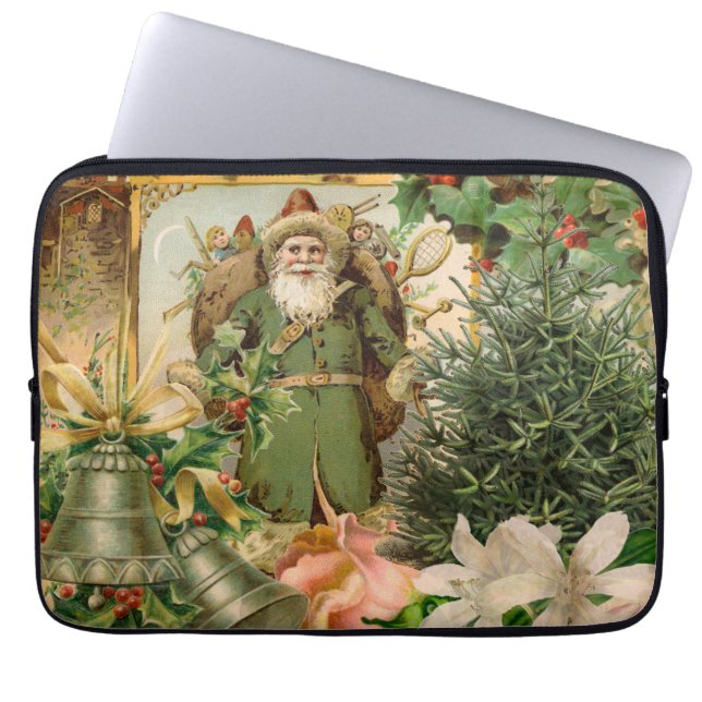 Old World Green Santa Christmas Collage Antique  Laptop Sleeve (Front)