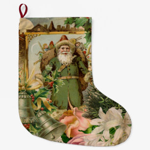 Old World Green Santa Christmas Collage Antique  Large Christmas Stocking