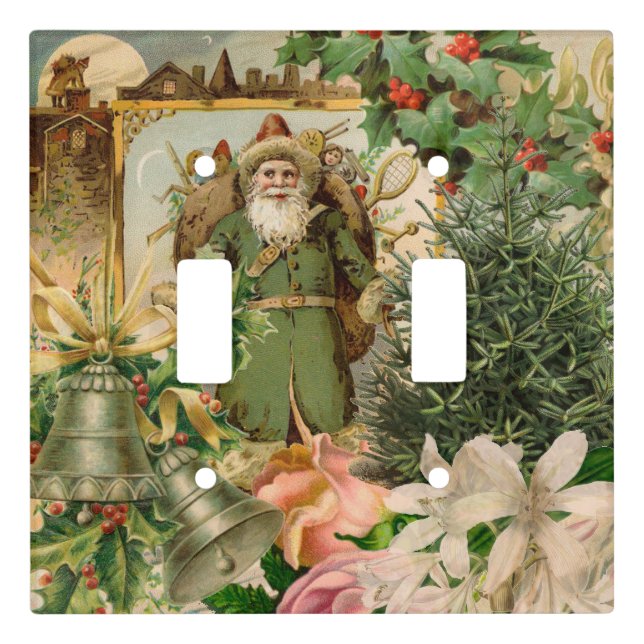 Old World Green Santa Christmas Collage Antique  Light Switch Cover (Front)