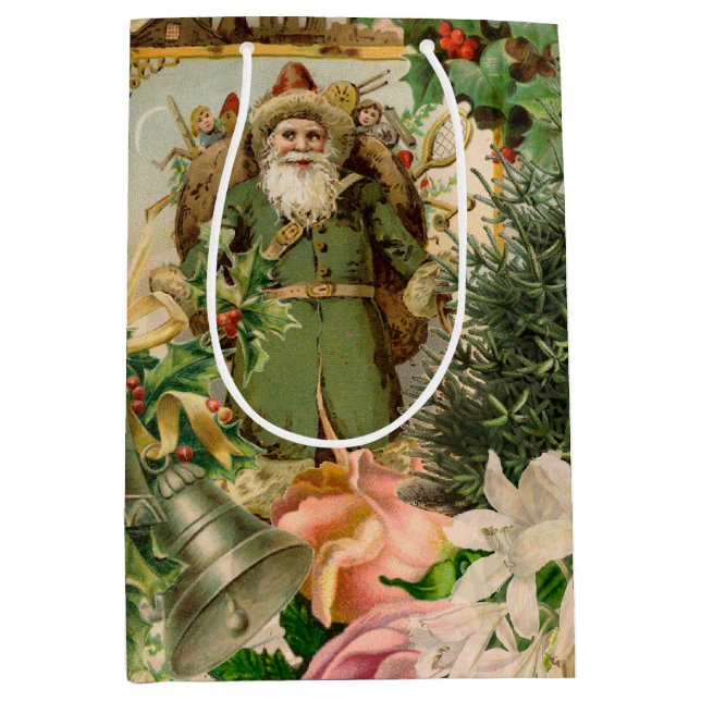 Old World Green Santa Christmas Collage Antique  Medium Gift Bag (Front)