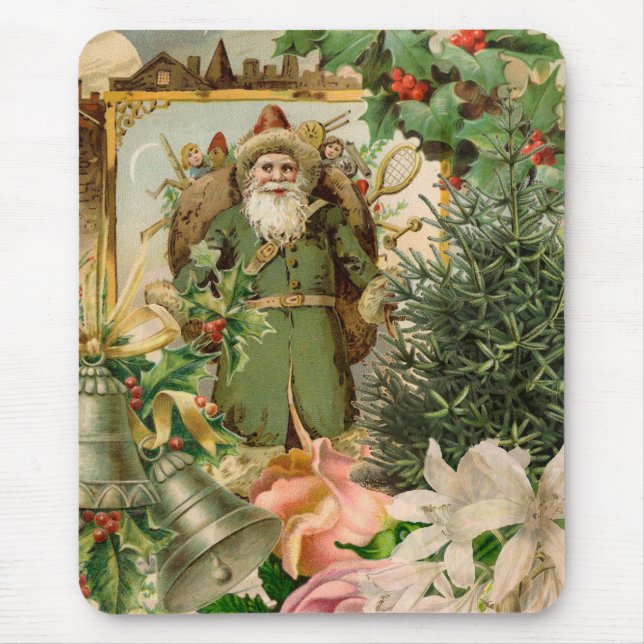 Old World Green Santa Christmas Collage Antique  Mouse Pad (Front)