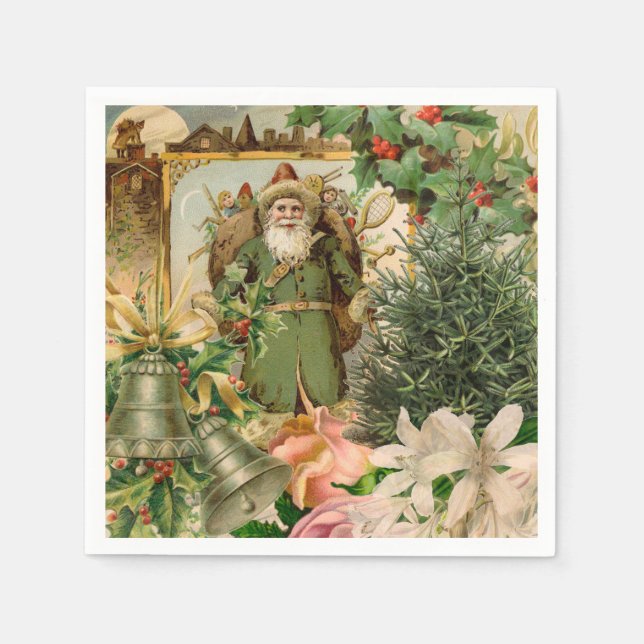 Old World Green Santa Christmas Collage Antique  Napkins (Front)