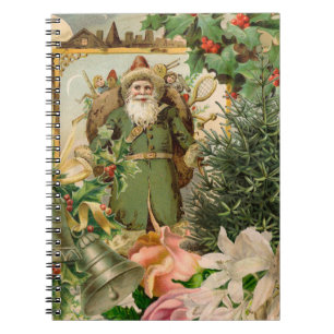 Old World Green Santa Christmas Collage Antique  Notebook