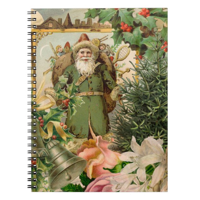 Old World Green Santa Christmas Collage Antique  Notebook (Front)