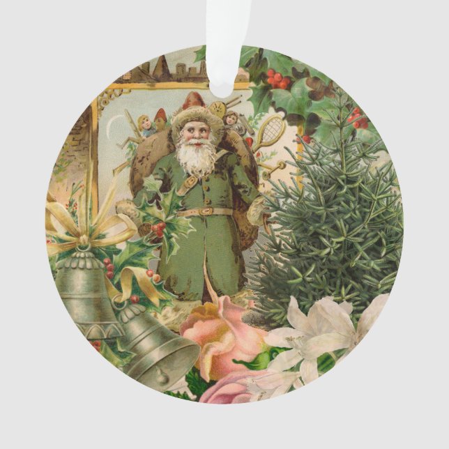Old World Green Santa Christmas Collage Antique  Ornament (Front)