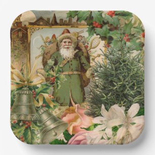 Old World Green Santa Christmas Collage Antique  Paper Plates