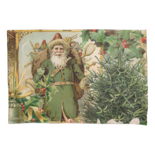 Old World Green Santa Christmas Collage Antique  Pillow Case