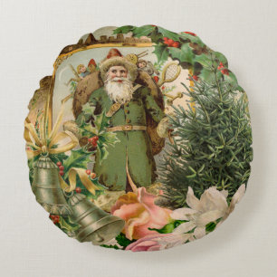 Old World Green Santa Christmas Collage Antique  Round Pillow