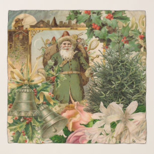 Old World Green Santa Christmas Collage Antique  Scarf