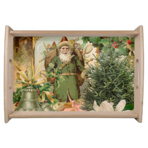 Old World Green Santa Christmas Collage Antique  Serving Tray