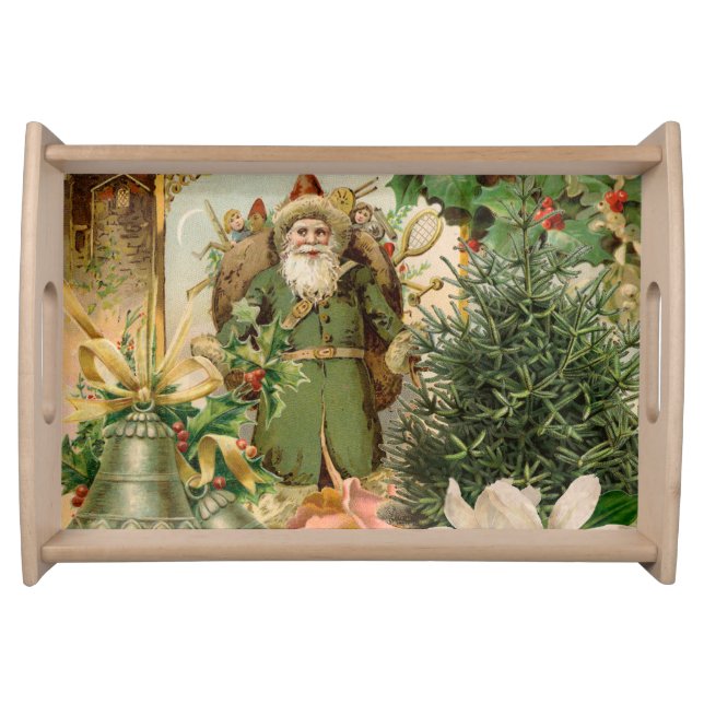 Old World Green Santa Christmas Collage Antique  Serving Tray (Front)