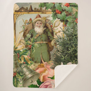 Old World Green Santa Christmas Collage Antique  Sherpa Blanket