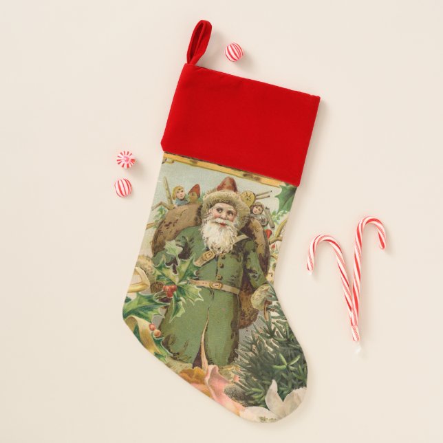 Old World Green Santa Christmas Collage Antique  Stocking (Front)