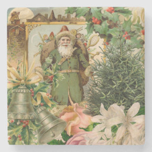 Old World Green Santa Christmas Collage Antique  Stone Coaster