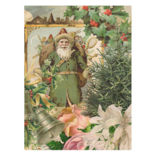 Old World Green Santa Christmas Collage Antique  Tablecloth