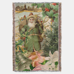 Old World Green Santa Christmas Collage Antique  Throw Blanket
