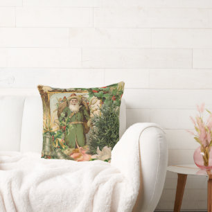 Old World Green Santa Christmas Collage Antique  Throw Pillow
