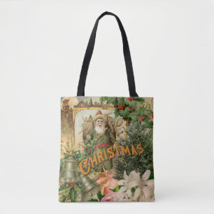 Old World Green Santa Christmas Collage Antique  Tote Bag