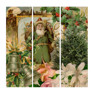 Old World Green Santa Christmas Collage Antique  Triptych