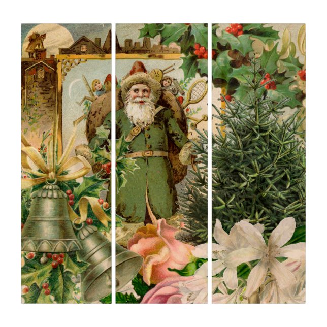 Old World Green Santa Christmas Collage Antique  Triptych (Front)