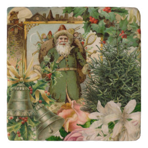 Old World Green Santa Christmas Collage Antique  Trivet