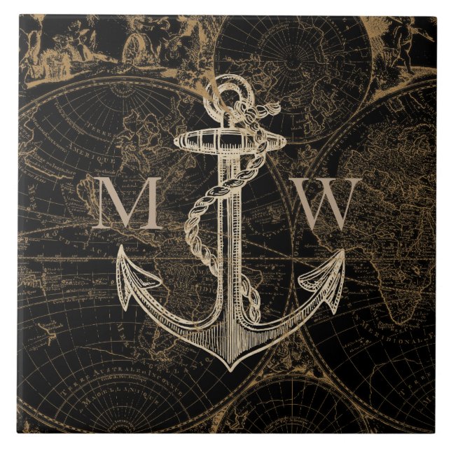 Old World Journey Anchor Nautical Black Ceramic Tile (Front)