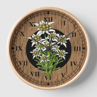 Old World Look Faux Wood & Edelweiss Wall Clock