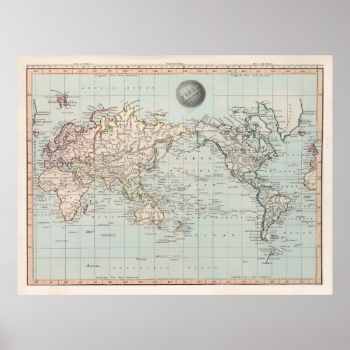 Old World Map 1845 Vintage Global Continents  Poster
