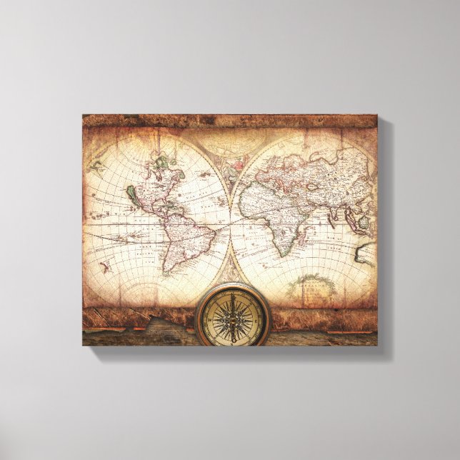 Old World Map and Compass  Wrapped Canvas Print (Front)