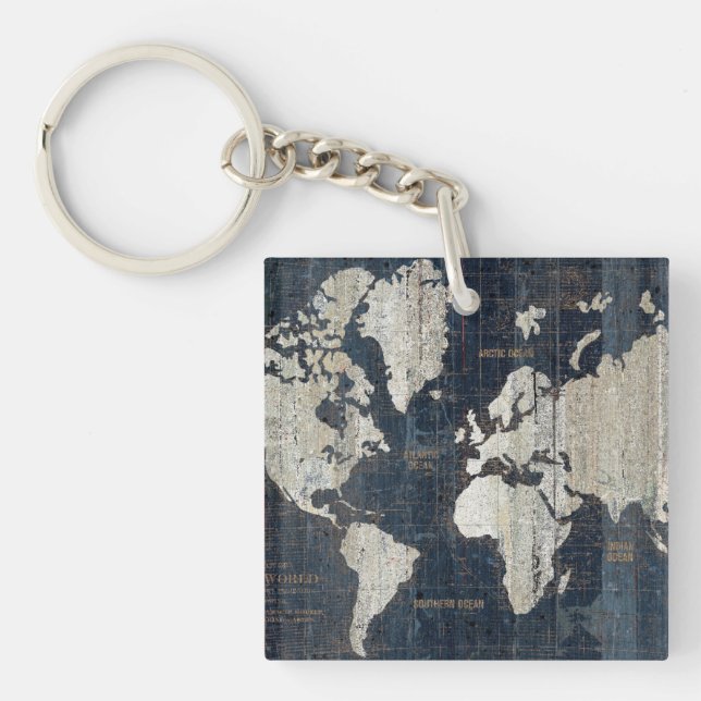 Old World Map Blue Keychain (Front)